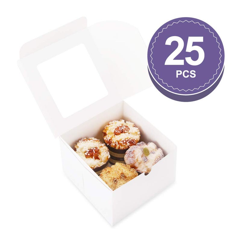 BAKIPACK 25 White Bakery Boxes with Window 5x5x3.5 Inches, Dessert Boxes to Go with Window, Treat Boxes for Small Bakery, Dessert, Candy, Cookies, Pastry, Party Favors, Wedding Cake - Image 2
